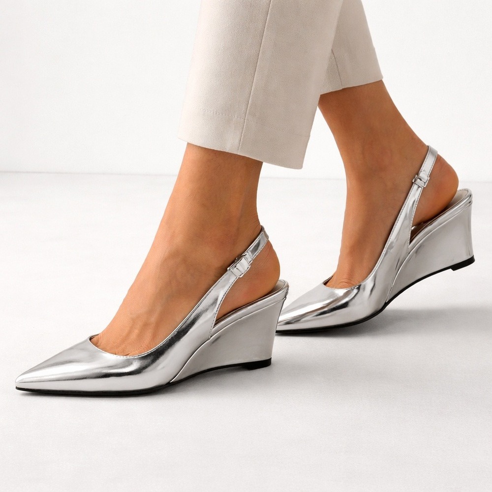 Theory Silver Metallic Slingback Wedge Heels Womens 36 Made In Italy Pointed Toe